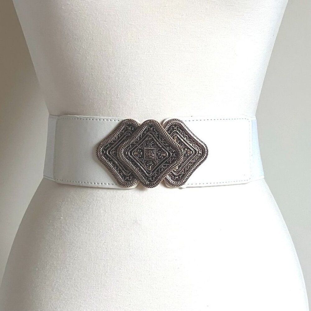White Stretch Waist Belt with Ornate Bronze Clasp